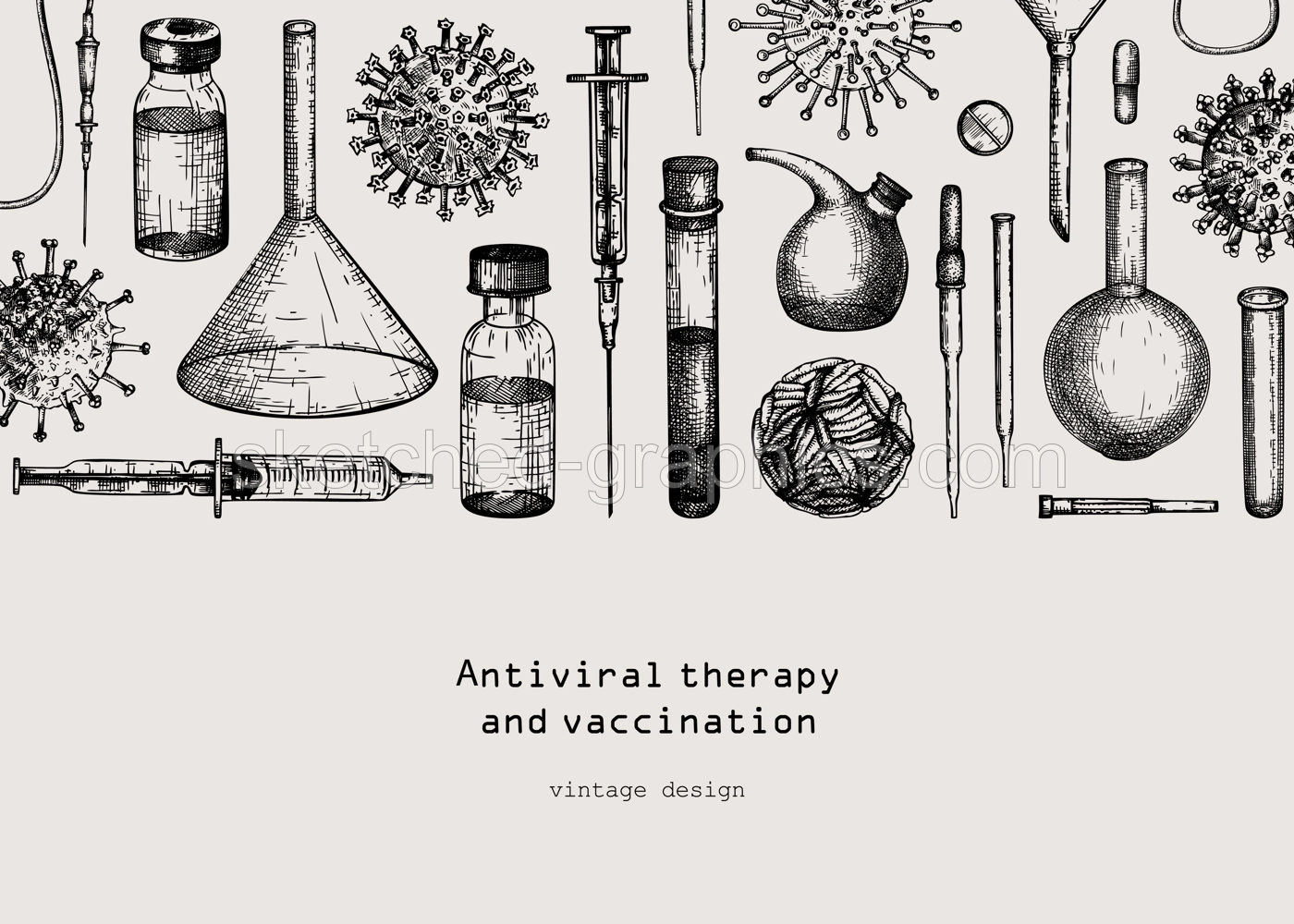 Antiviral therapy and vaccination backgroundt. Hand drawn vector illustrations. Vaccine in bottles, laboratory equipment, different virus sketches. Medical banner design template. Covid-19 drawing  Illustration